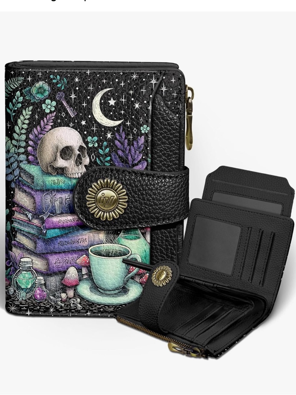 Goth Skull Tea & Books Compact Wallet - Black with Teal & Purple Artwork